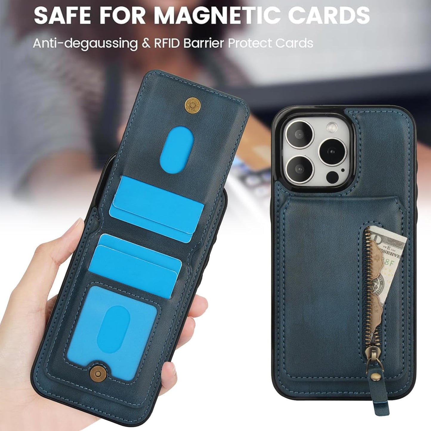 Magnetic card holder phone case suitable for iPhone 15 Pro max, zipper magnetic split magnetic wallet with adjustable bracket Brown