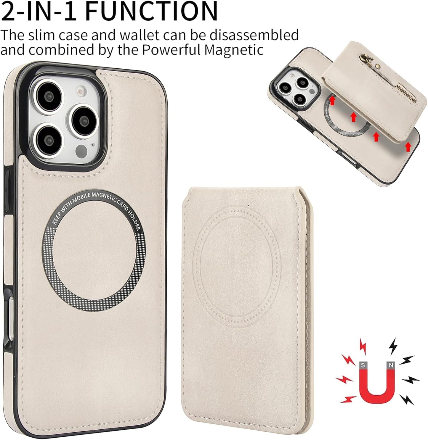 Magnetic card holder phone case suitable for iPhone 16 Pro, zipper magnetic split magnetic wallet with adjustable bracket Brown