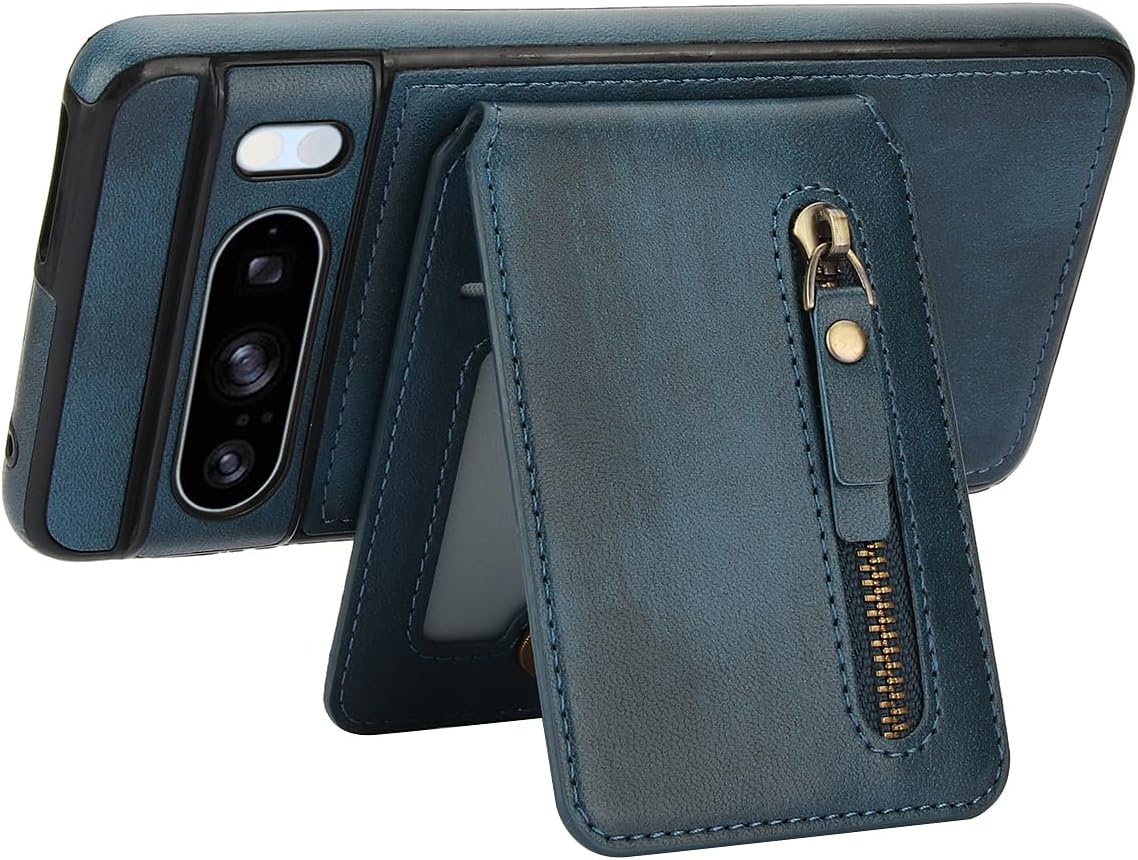 iTape Magnetic card holder phone case suitable for Google Pixel 8 Pro, zipper magnetic split magnetic wallet with adjustable bracket Brown