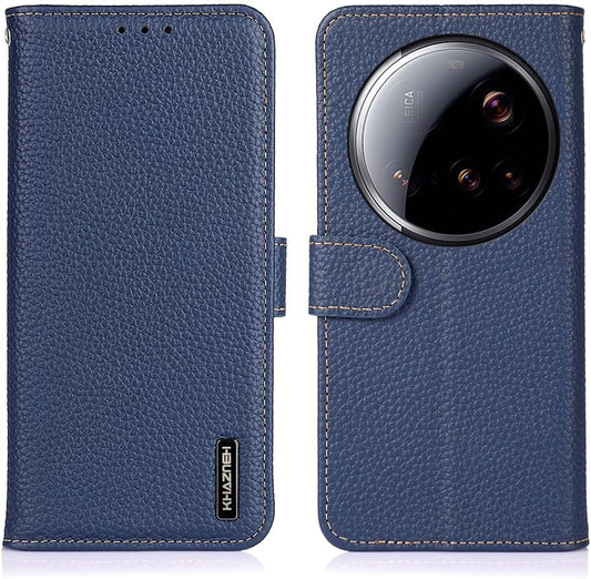 iTape Genuine leather pebbled phone case for Xiaomi 15 Ultra, cowhide RFID anti-theft brush phone case with card slot and shockproof flip cover Blue