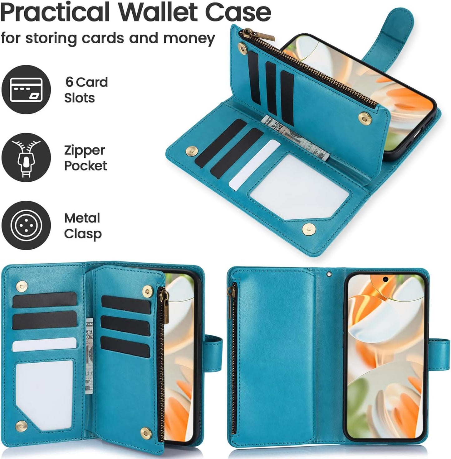 iTape Orchid Butterfly Phone Case for Google Pixel 9 with Multiple Card Slots Wallet, Magnetic Closure Bracket, Shockproof Protective Phone Case Wristband