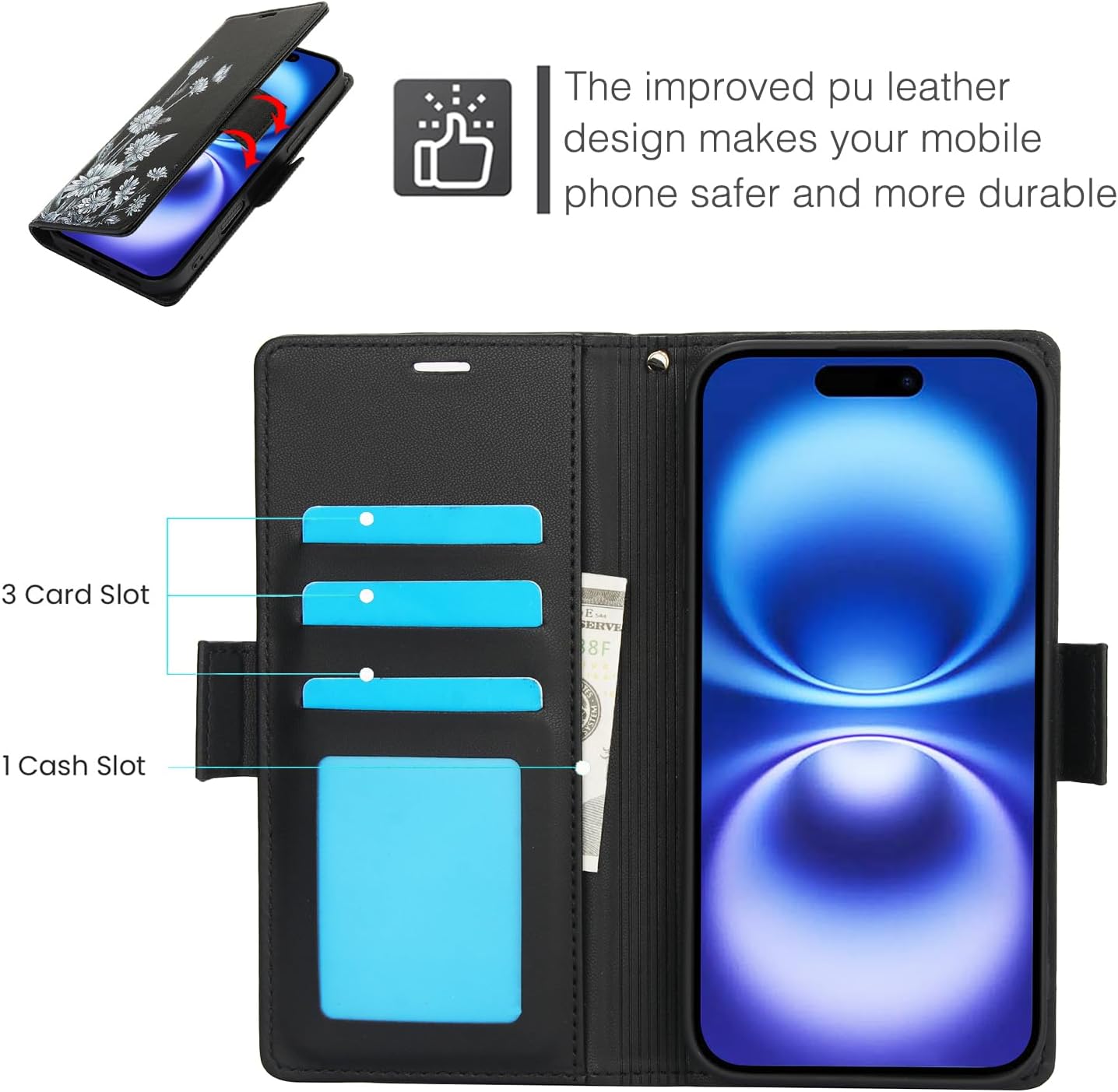 Printed Wallet Phone Case for iPhone 16 Plus, RFID (Anti-Theft), Wallet Flip Stand with Wrist Strap for iPhone 16 Plus Rose Gold