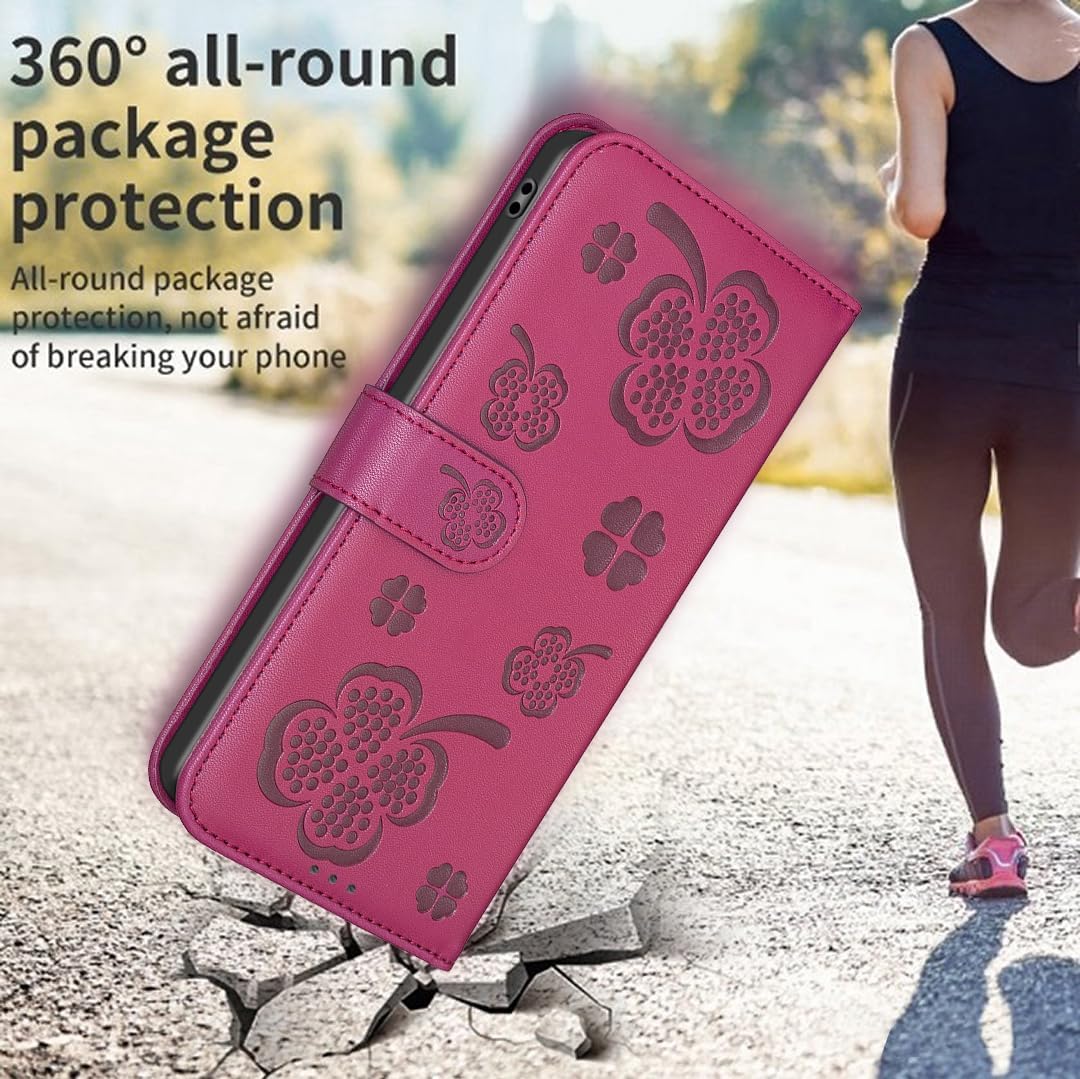 Wallet Leather Case for iPhone 16E, Embossed Four Leaf Clover Design, Magnetic Snap Wallet Case, Flip Shockproof Case Pink