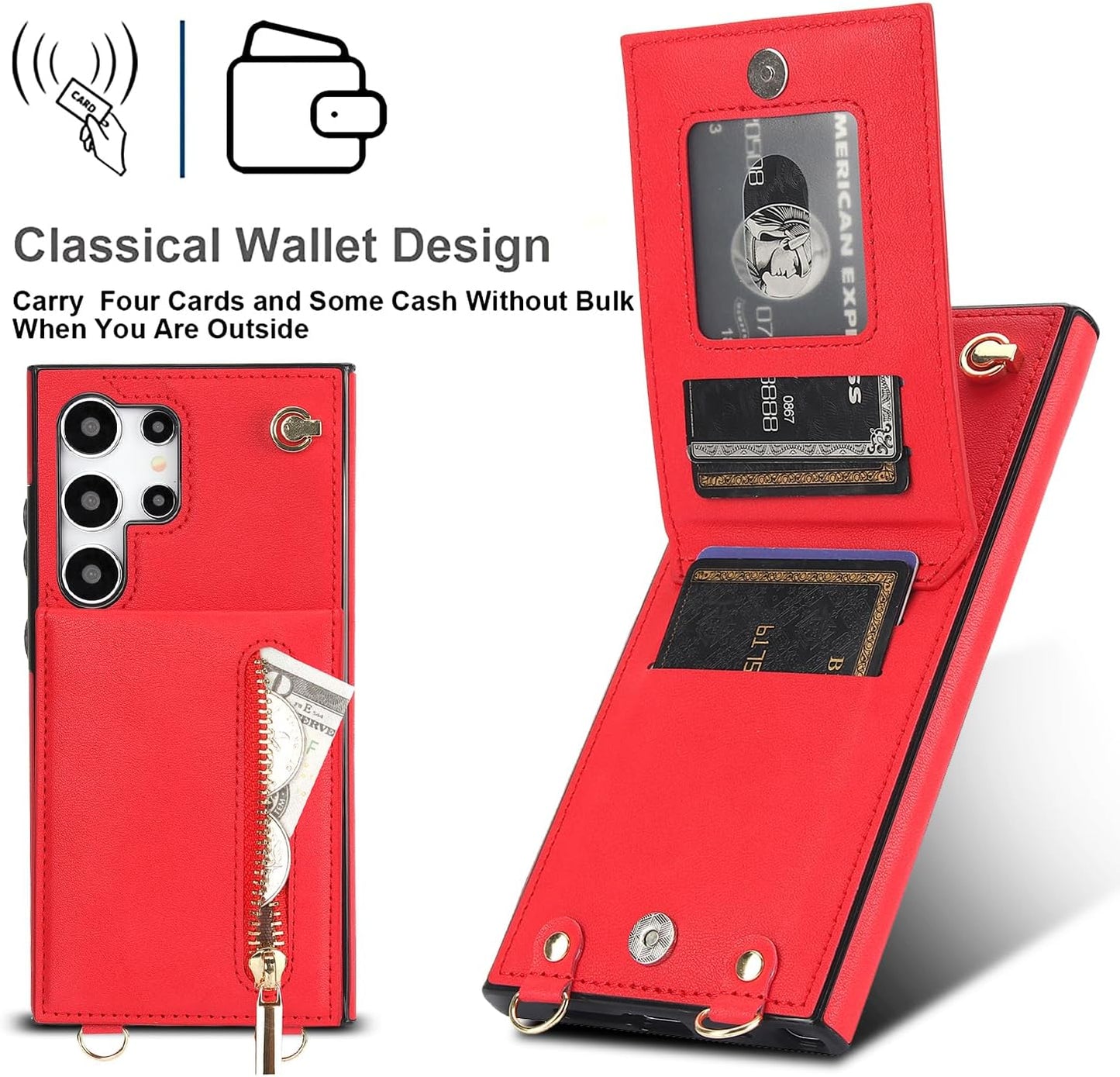 iTape Samsung Galaxy S24 Ultra Case Wallet, Zipper Coin Pouch, Credit Card Slot Holder, Wrist Strap, Samsung Galaxy S24 Ultra Case Adjustable Crossbody Lanyard [RFID Blocked]