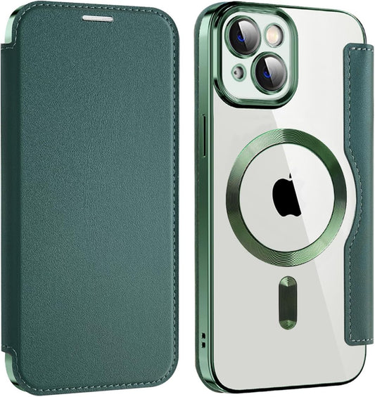 Wallet phone case suitable for iPhone 13 with [Credit Card Holder][RFID Blocking], compatible with magnetic wireless charging Green