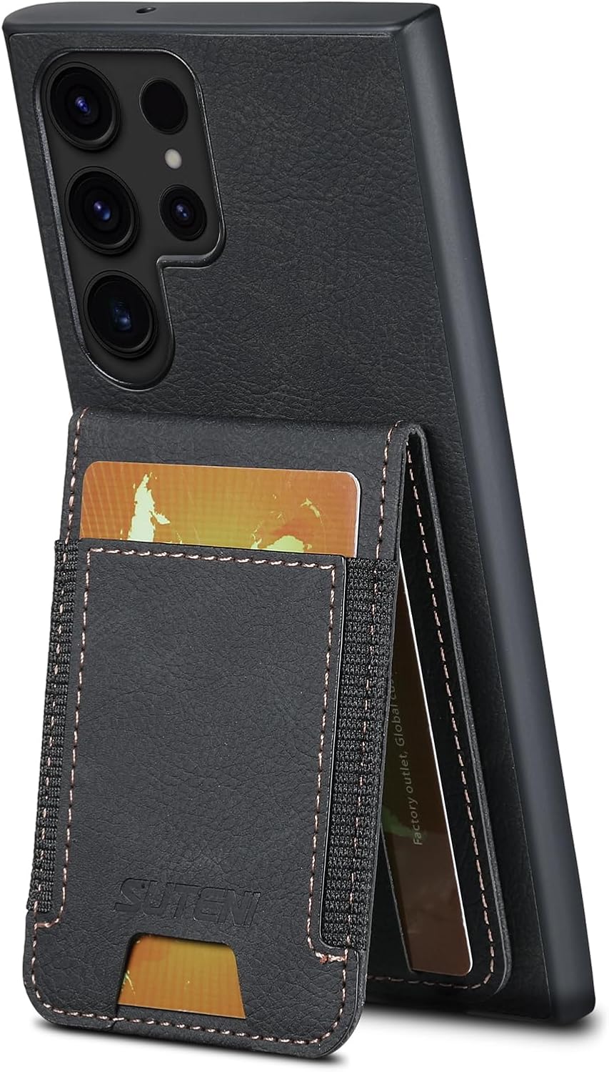 iTape Litchi Texture Phone Case for Samsung Galaxy S23 Ultra - Ultra-thin Simple Card Holder Phone Case with Stand Durable Buffer [Shockproof TPU Inner Shell] Blue