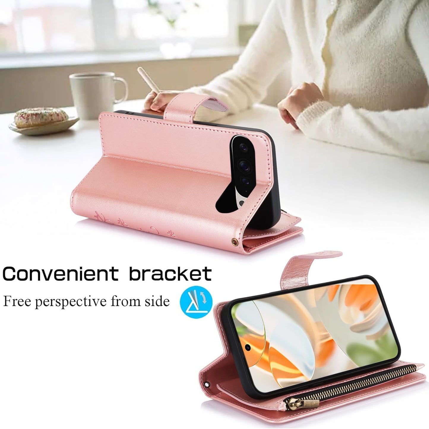 iTape Orchid Butterfly Phone Case for Google Pixel 9 with Multiple Card Slots Wallet, Magnetic Closure Bracket, Shockproof Protective Phone Case Wristband