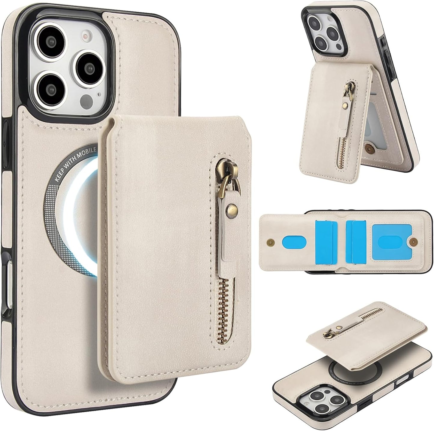 Magnetic card holder phone case suitable for iPhone 16 Pro, zipper magnetic split magnetic wallet with adjustable bracket Brown