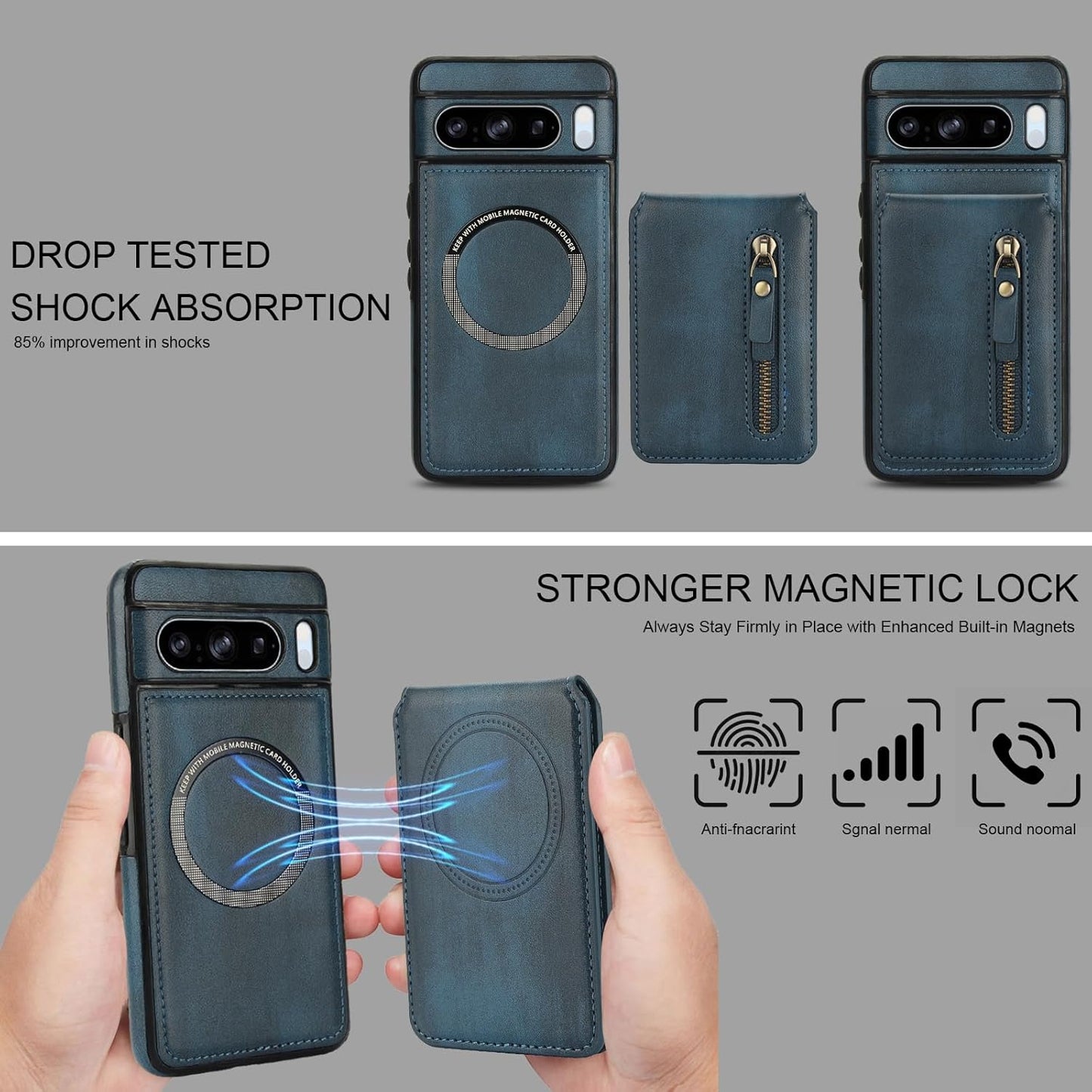 iTape Magnetic card holder phone case suitable for Google Pixel 8 Pro, zipper magnetic split magnetic wallet with adjustable bracket Brown