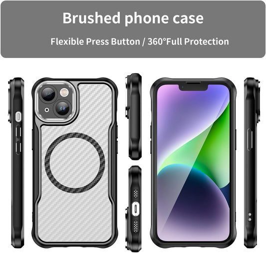 Magnetic carbon fibre case for iPhone 14, support wireless charging, carbon fibre shockproof slim case Black