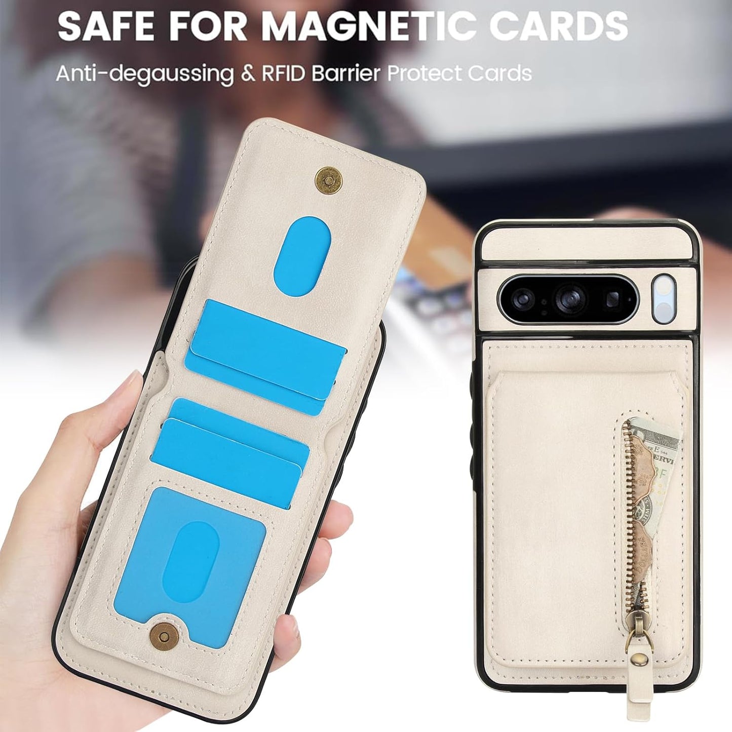 iTape Magnetic card holder phone case suitable for Google Pixel 8 Pro, zipper magnetic split magnetic wallet with adjustable bracket Brown