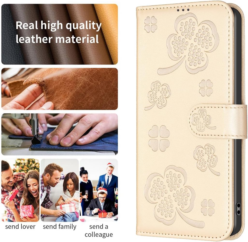 Wallet Leather Case for iPhone 16E, Embossed Four Leaf Clover Design, Magnetic Snap Wallet Case, Flip Shockproof Case Pink