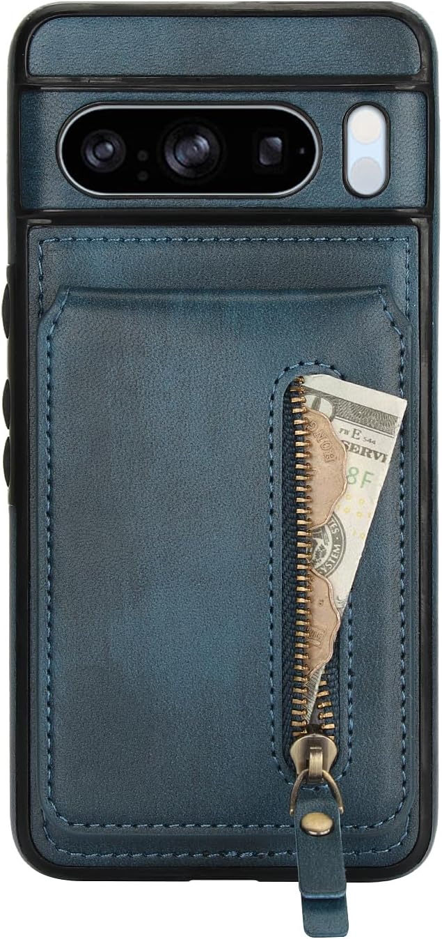 iTape Magnetic card holder phone case suitable for Google Pixel 8 Pro, zipper magnetic split magnetic wallet with adjustable bracket Brown