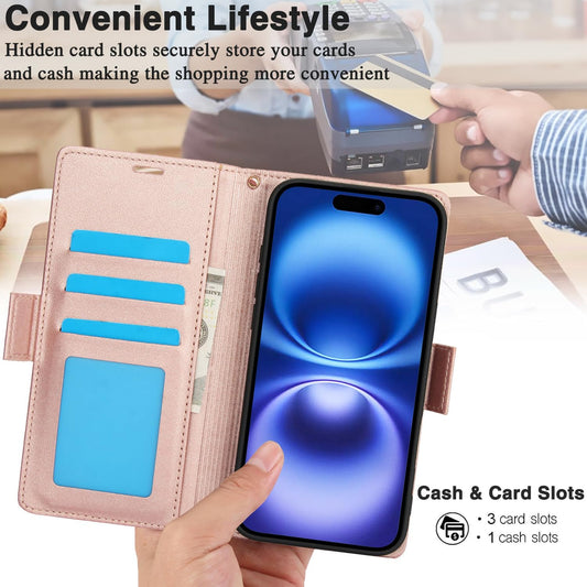 Printed Wallet Phone Case for iPhone 16 Plus, RFID (Anti-Theft), Wallet Flip Stand with Wrist Strap for iPhone 16 Plus Rose Gold