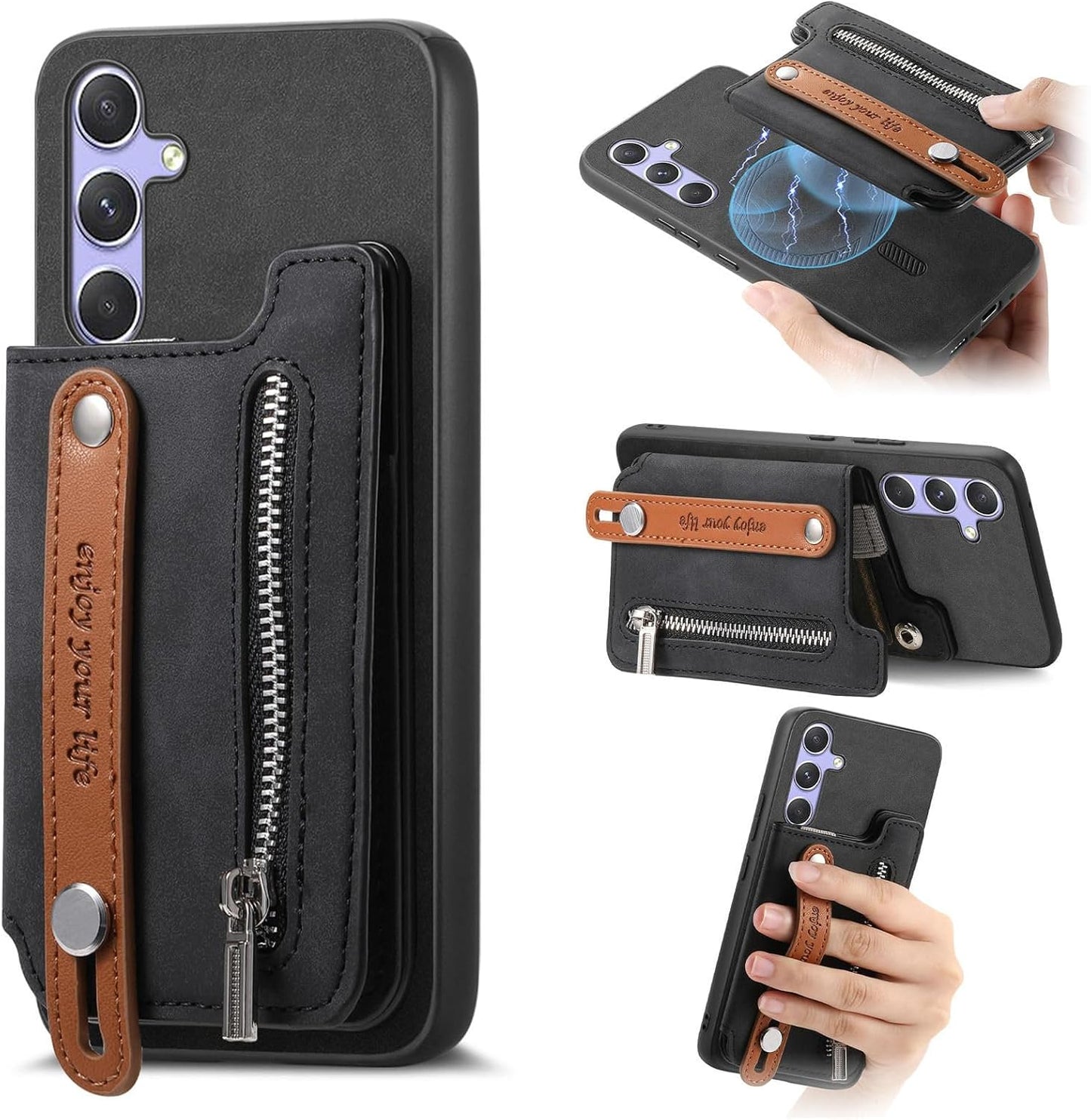iTape Retro magnetic mobile phone case for Samsung Galaxy S25+, wireless charging magnetic car mount, Card slot, card holder, wrist strap bracket RFID anti-theft card Orange