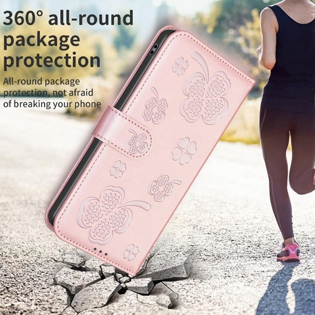 Wallet Leather Case for iPhone 16E, Embossed Four Leaf Clover Design, Magnetic Snap Wallet Case, Flip Shockproof Case Pink