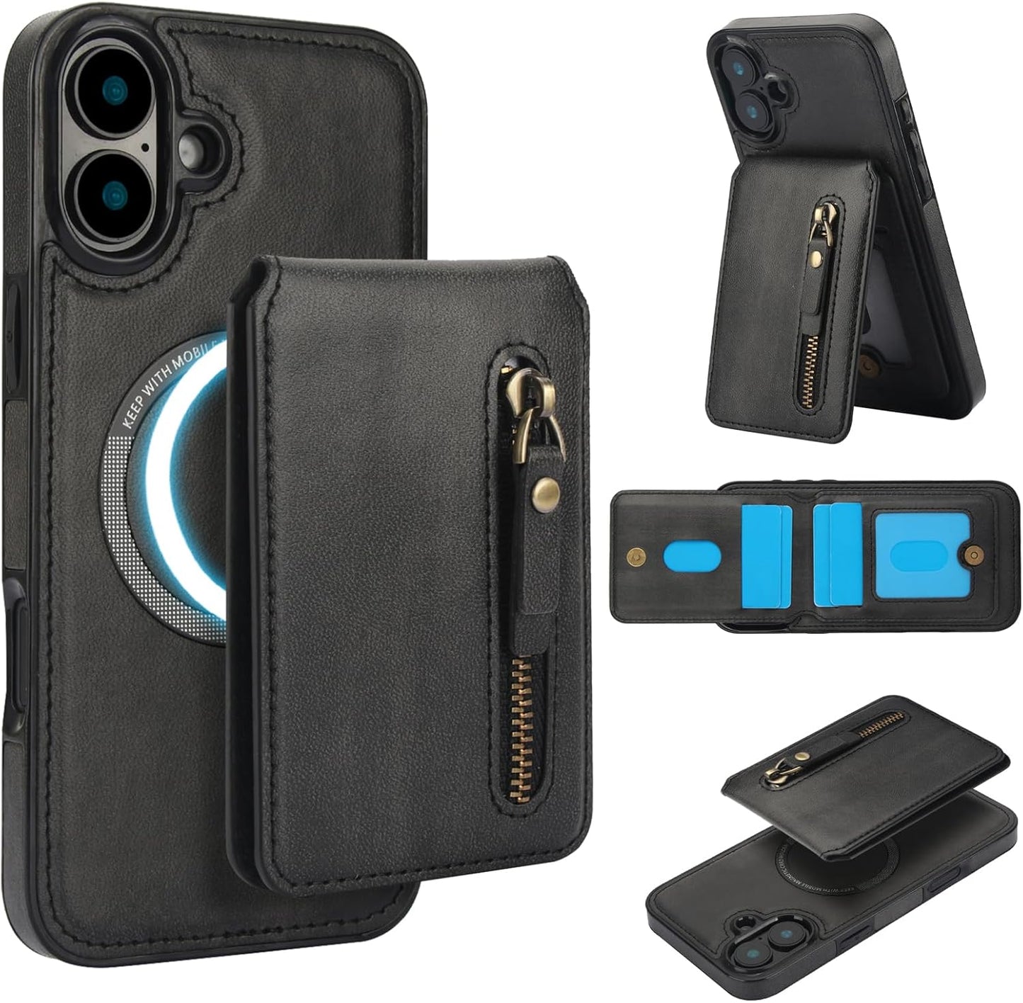 Magnetic card holder phone case suitable for iPhone 16, zipper magnetic split magnetic wallet with adjustable bracket Red