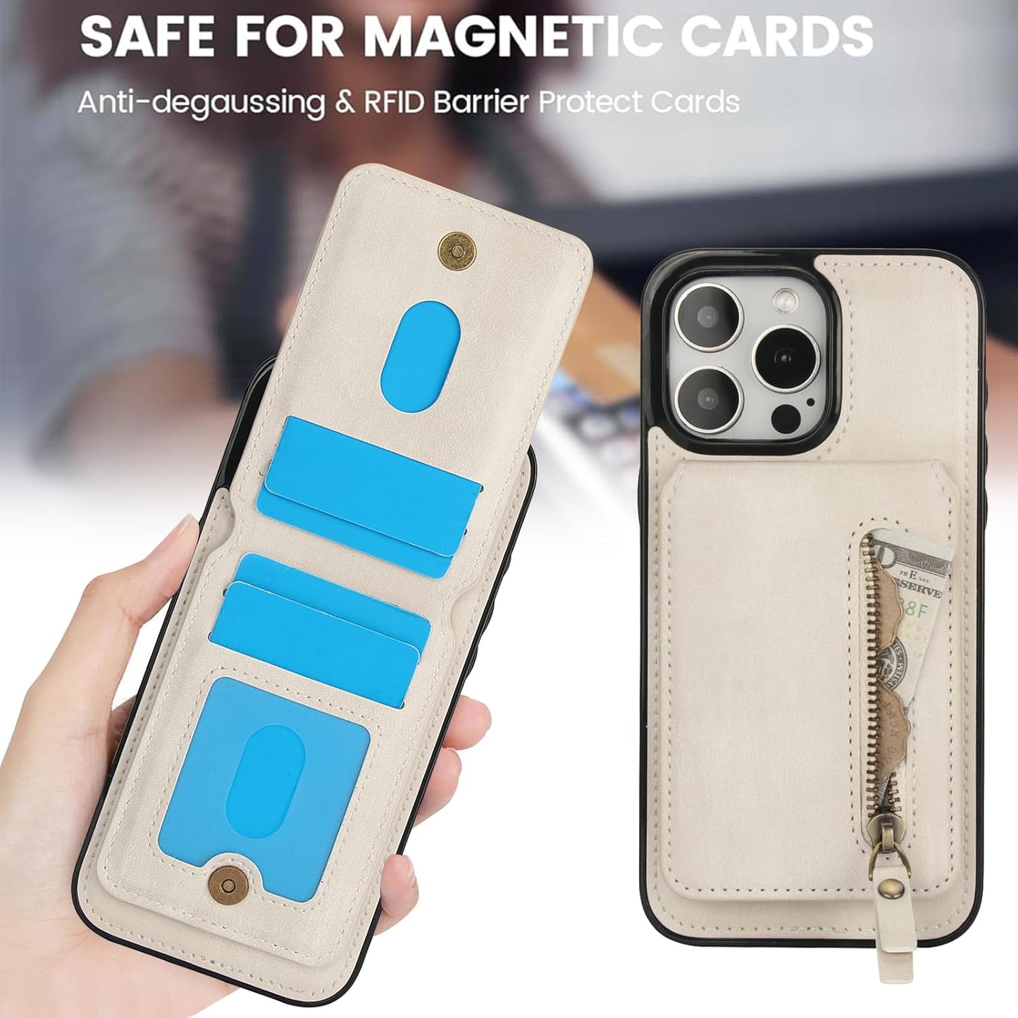 Magnetic card holder phone case suitable for iPhone 15 Pro, zipper magnetic split magnetic wallet with adjustable bracket Black