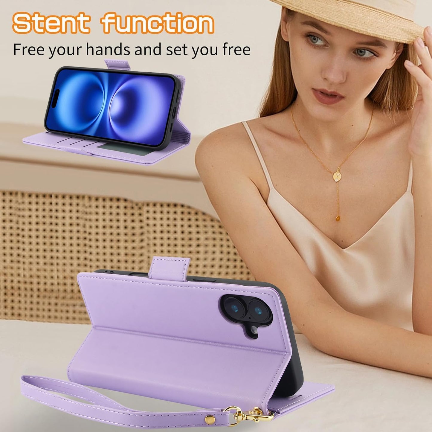 Printed Wallet Phone Case for iPhone 16 Plus, RFID (Anti-Theft), Wallet Flip Stand with Wrist Strap for iPhone 16 Plus Rose Gold