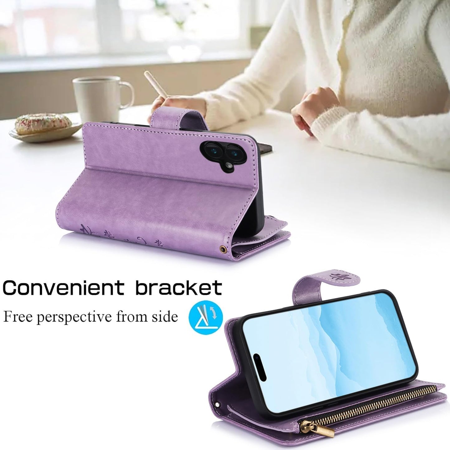 Orchid Butterfly Phone Case for iPhone 16 with Multiple Card Slots Wallet, Magnetic Closure Bracket, Shockproof Protective Phone Case Wristband