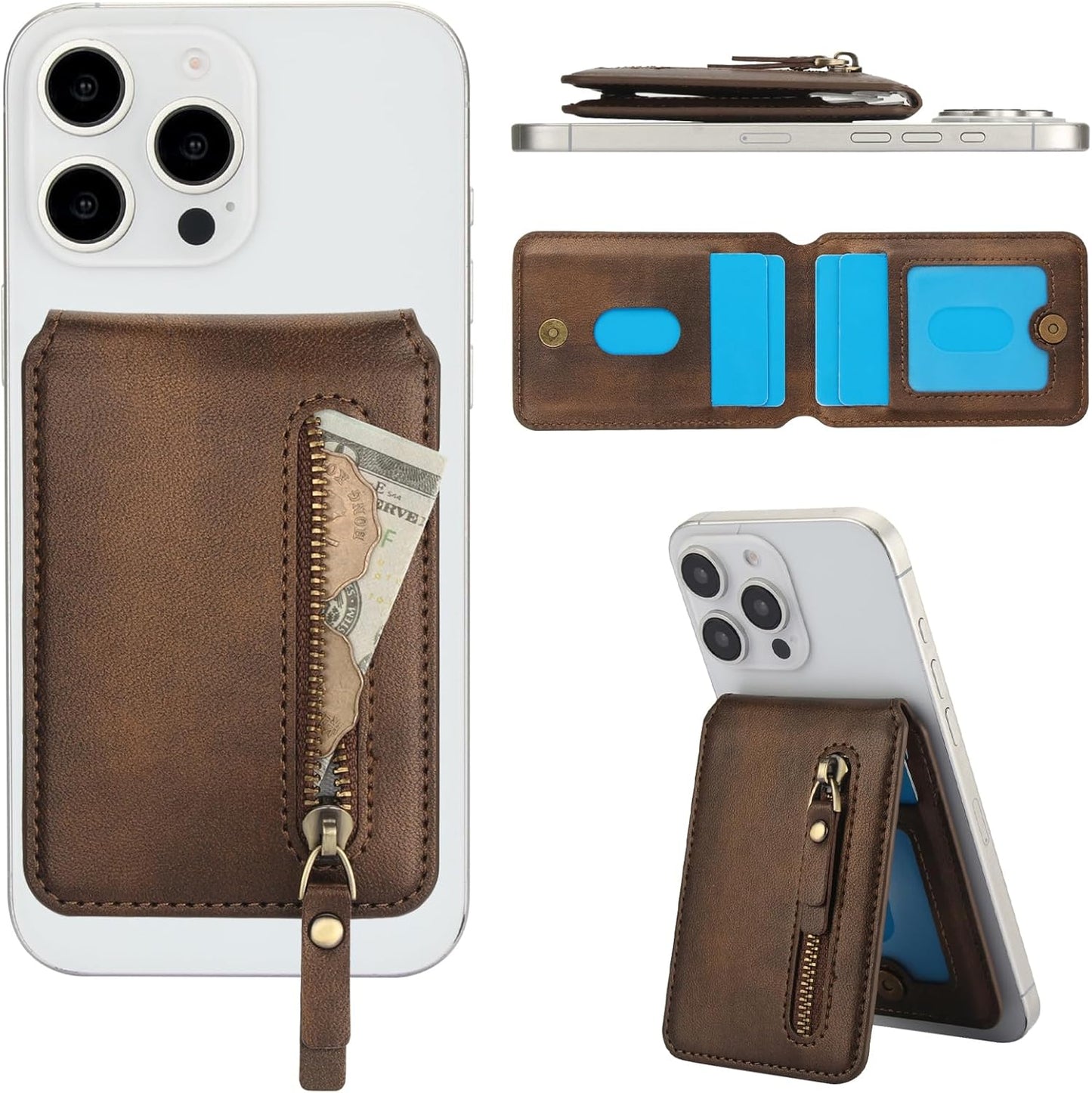 Magnetic card holder phone case suitable for iPhone 16 Pro, zipper magnetic split magnetic wallet with adjustable bracket Brown