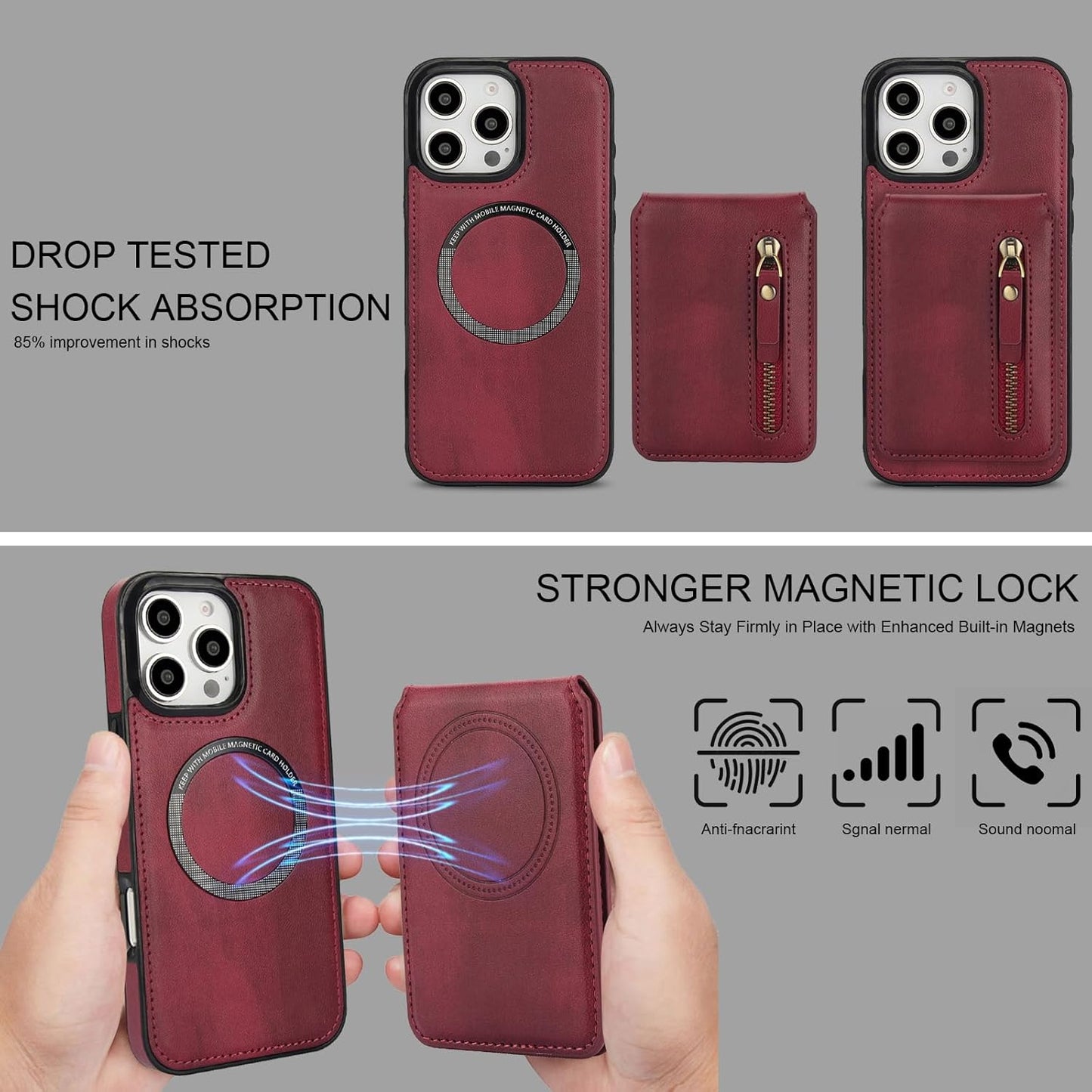 Magnetic card holder phone case suitable for iPhone 16 Pro, zipper magnetic split magnetic wallet with adjustable bracket Brown