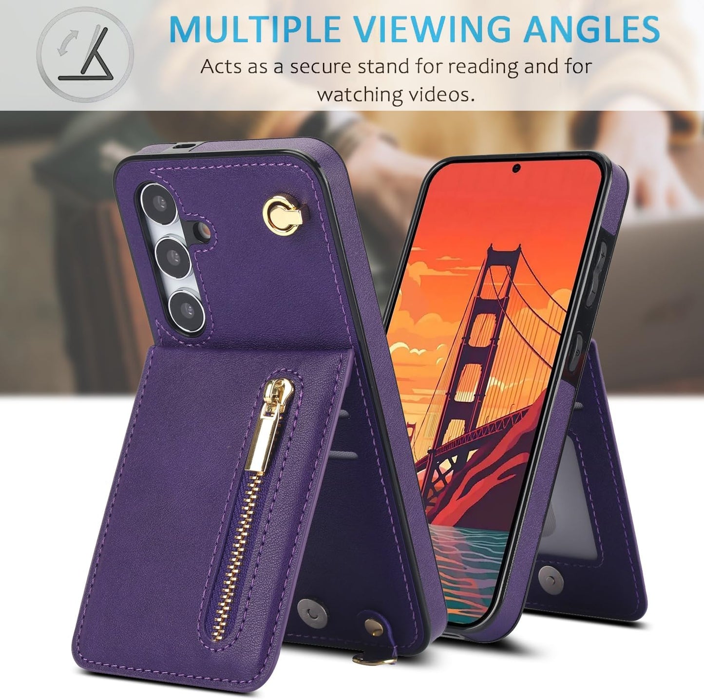 iTape Samsung Galaxy S24 plus Case Wallet, Zipper Coin Pouch, Credit Card Slot Holder, Wrist Strap, Samsung Galaxy S24 plus Case Adjustable Crossbody Lanyard [RFID Blocked] Purple