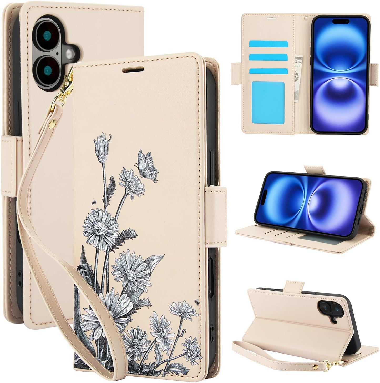 Printed Wallet Phone Case for iPhone 16 Plus, RFID (Anti-Theft), Wallet Flip Stand with Wrist Strap for iPhone 16 Plus Rose Gold
