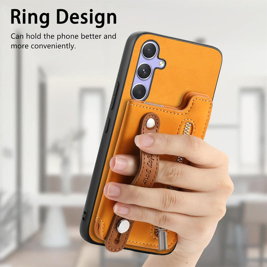 iTape Retro magnetic mobile phone case for Samsung Galaxy S25+, wireless charging magnetic car mount, Card slot, card holder, wrist strap bracket RFID anti-theft card Orange