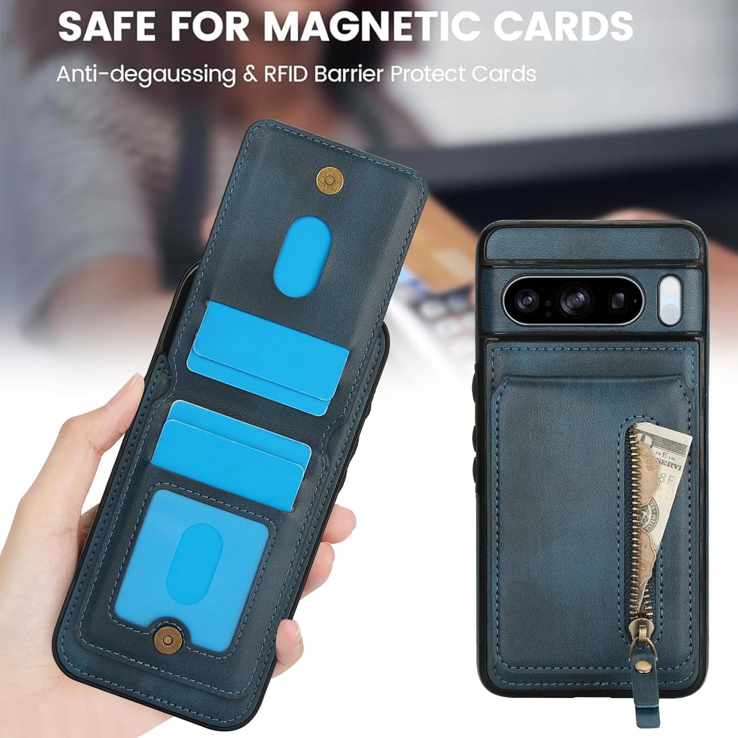 iTape Magnetic card holder phone case suitable for Google Pixel 8 Pro, zipper magnetic split magnetic wallet with adjustable bracket Brown