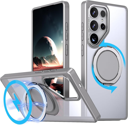 iTape Magnetic phone case for Samsung Galaxy S25 Ultra, mechanical gear 360° rotating bracket supports wireless charging, shockproof ultra-thin shell Gray