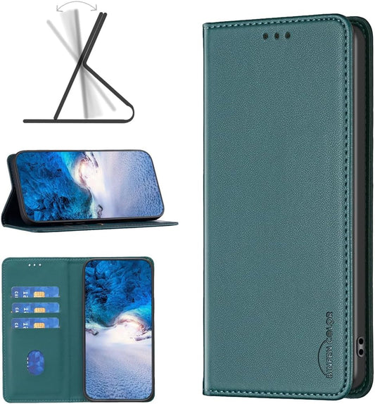 Leather Phone Case for Samsung Galaxy S25 Edge, Magnetic Leather Wallet Case, Flip Stand Shockproof Protection Green