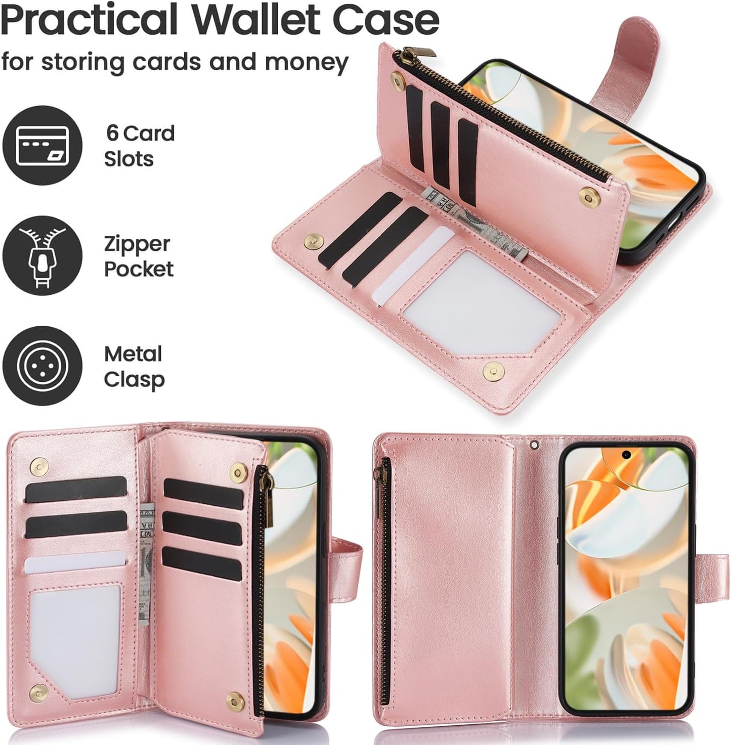 iTape Orchid Butterfly Phone Case for Google Pixel 9 with Multiple Card Slots Wallet, Magnetic Closure Bracket, Shockproof Protective Phone Case Wristband
