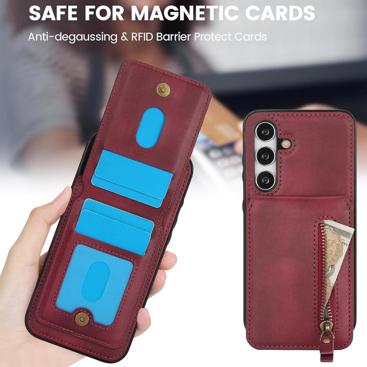 iTape Magnetic card holder phone case suitable for Samsung Galaxy S24+, zipper magnetic split magnetic wallet with adjustable bracket Blue