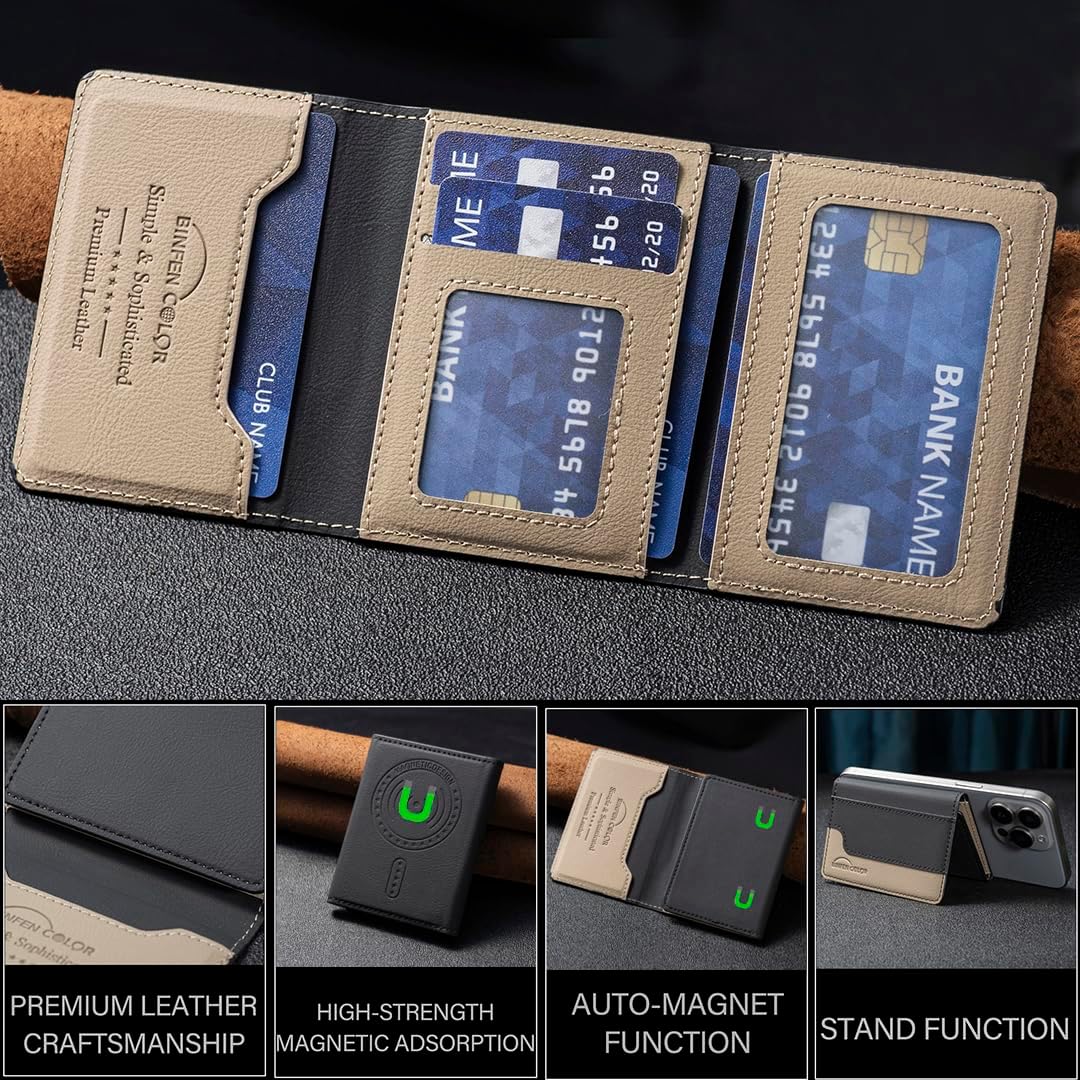 iTape Leather Magnetic Phone Wallet Compatible with Various Phone Models Android and iOS, Colorblock Horizontal Magnetic Card Holder Ultra-thin Wallet Card Holder Flip Stand Green