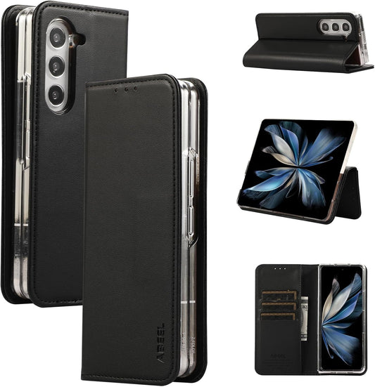 iTape Magnetic Leather Case for Samsung Galaxy Z Fold6, RFID Anti-theft Wallet Phone Case, Multi-Card Slot Magnetic Flip Cover Black