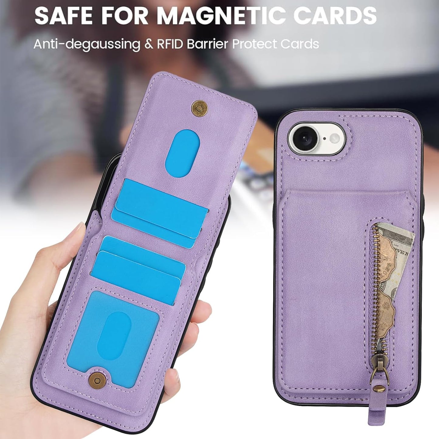Magnetic card holder phone case suitable for iPhone 16E, zipper magnetic split magnetic wallet with adjustable bracket