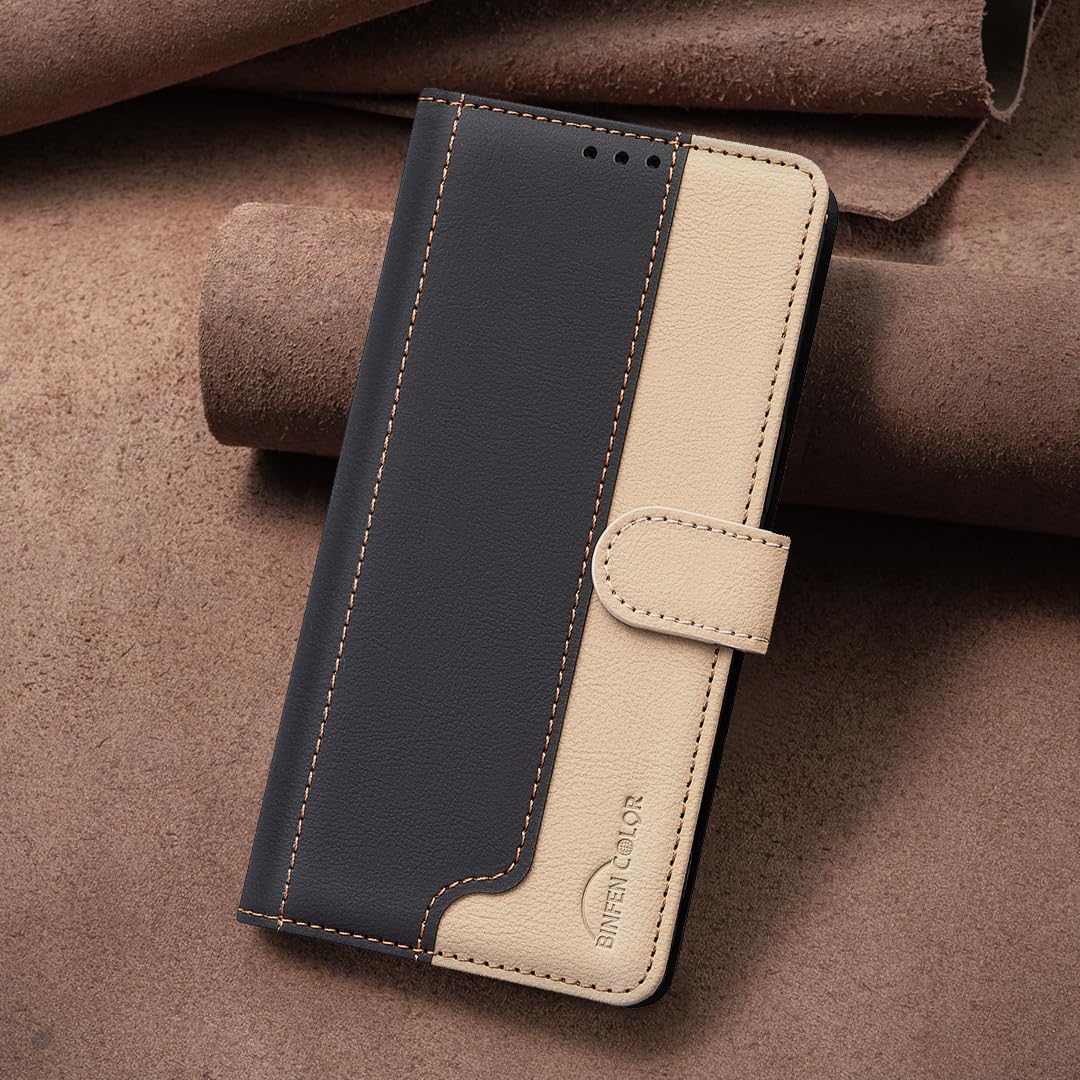 Colorblock Wallet Phone Case for iPhone 16E, Wallet Phone Case (RFID Anti-theft Swipe) Flip Stand, Credit Card Slot Wallet Black