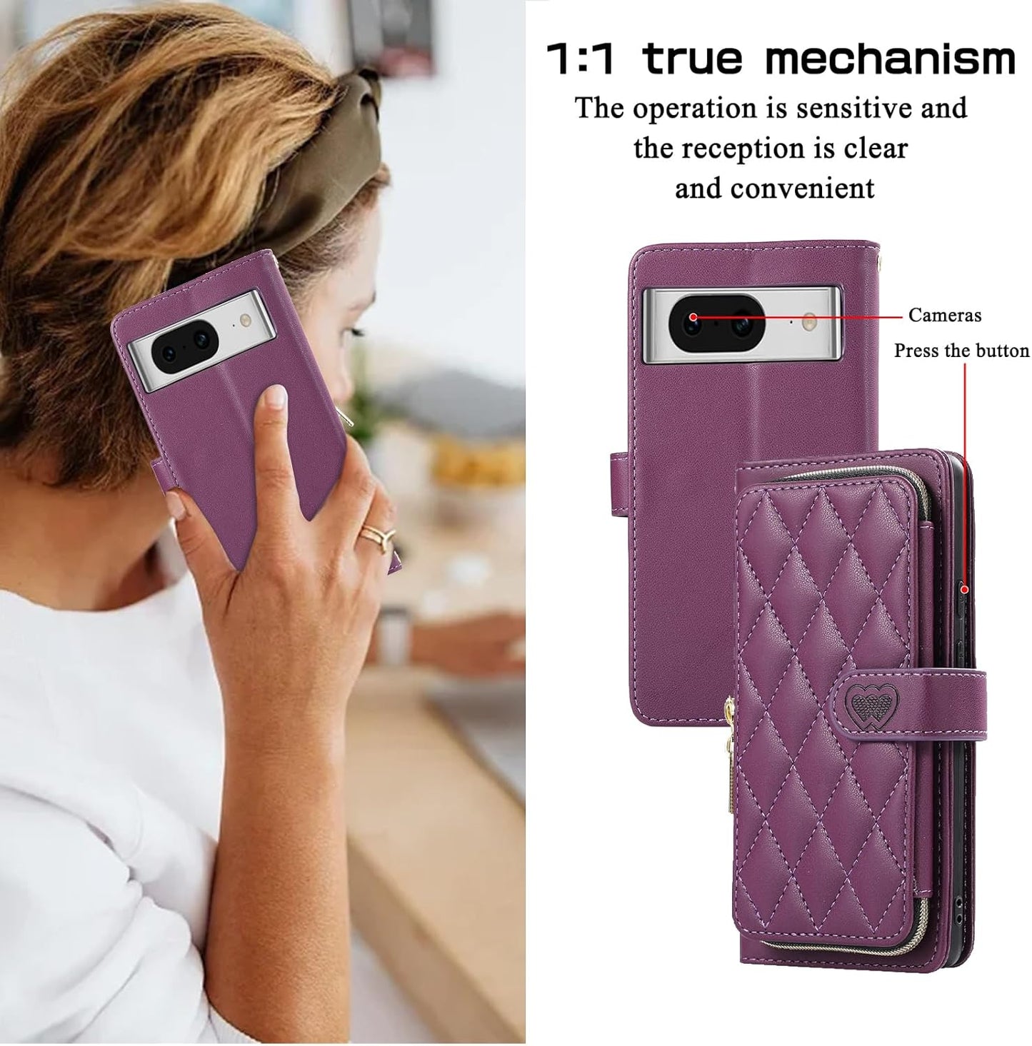 iTape Diamond Wallet Case for Google Pixel 8, Flip Leather Stand, Wrist Strap, Magnetic Closure, Shockproof Case Coin Purse Card Holder, Crossbody Strap Black