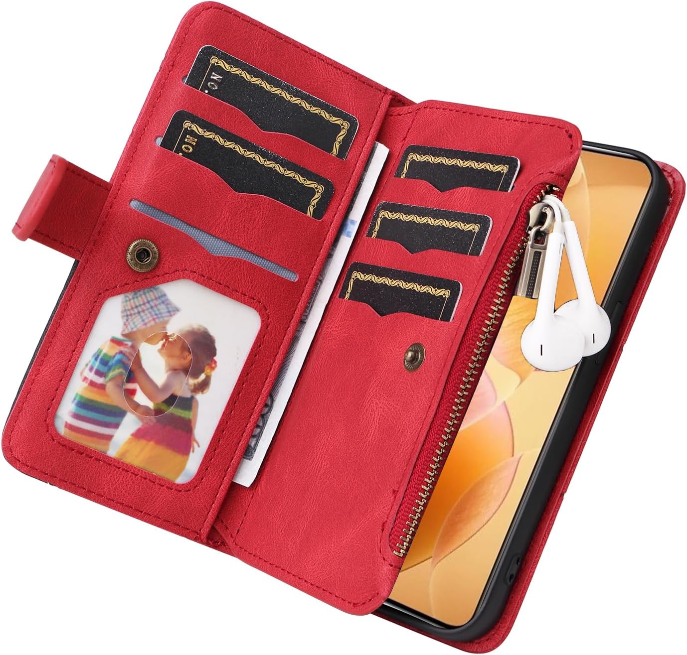 iTape 9 Card Slots Phone Case for Xiaomi POCO X6 PRO 5G, Zipper Wallet, Dual Color Stitching Color Flip Stand Card Slots Cash Clip Shockproof, Wrist Strap Black