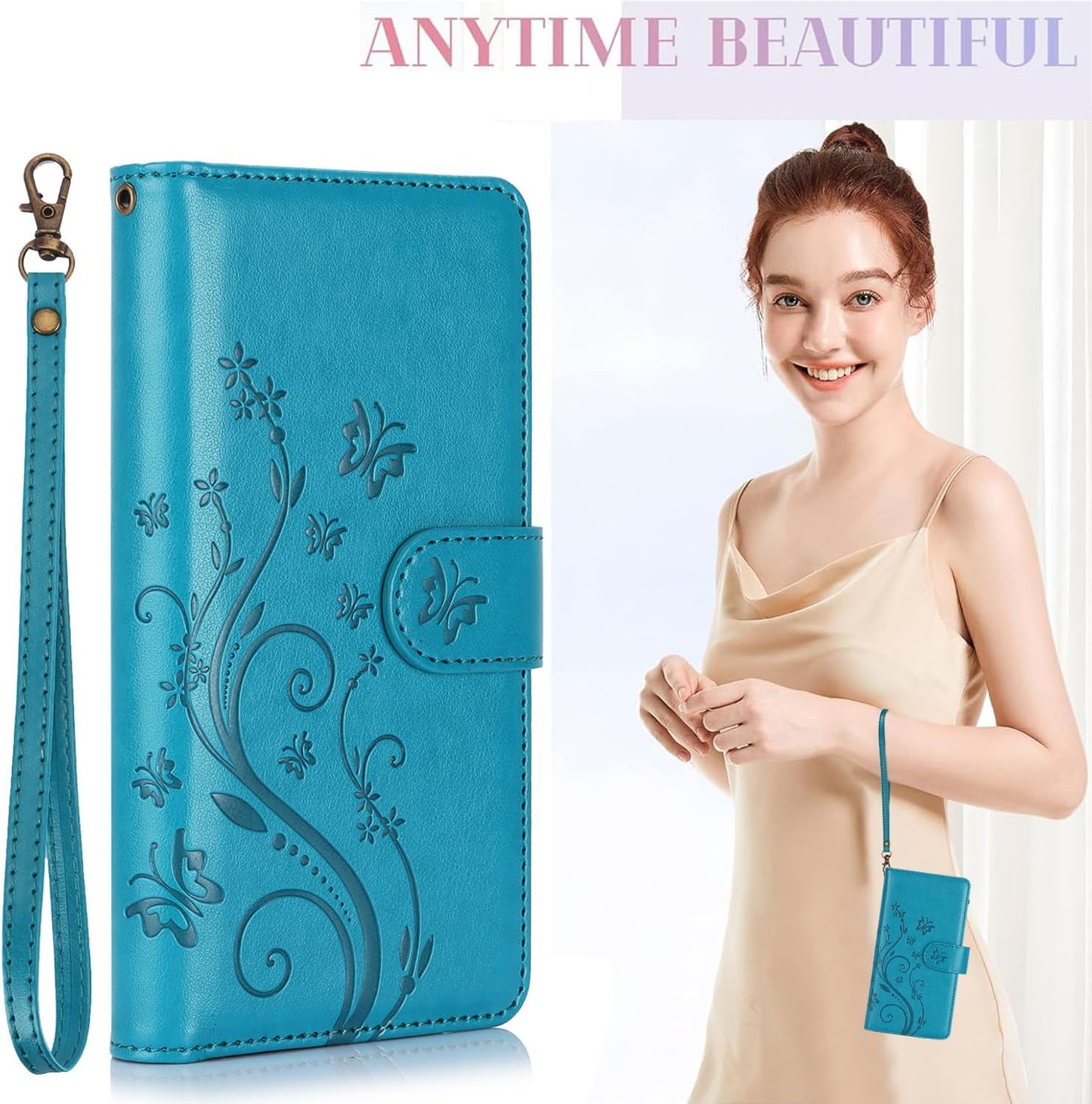 Orchid Butterfly Phone Case for iPhone 16 with Multiple Card Slots Wallet, Magnetic Closure Bracket, Shockproof Protective Phone Case Wristband