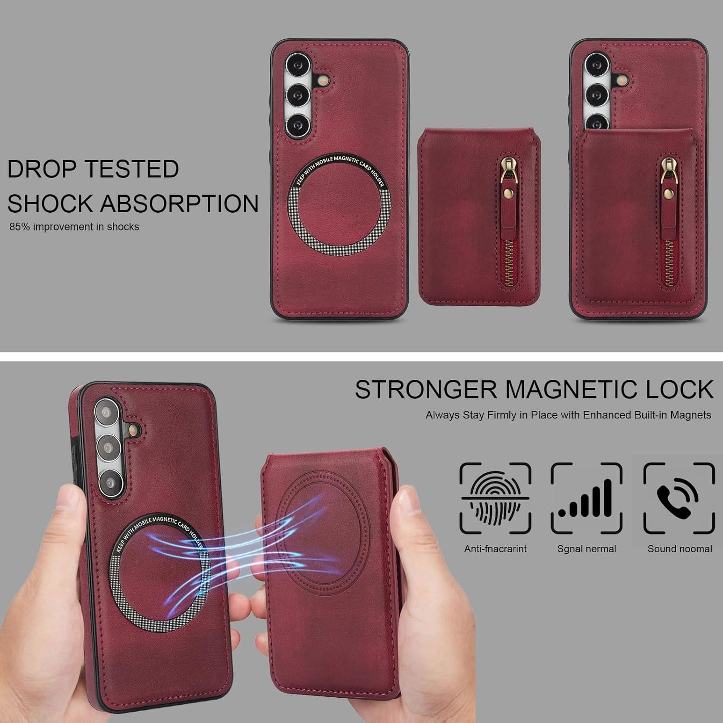 iTape Magnetic card holder phone case suitable for Samsung Galaxy S24+, zipper magnetic split magnetic wallet with adjustable bracket Blue