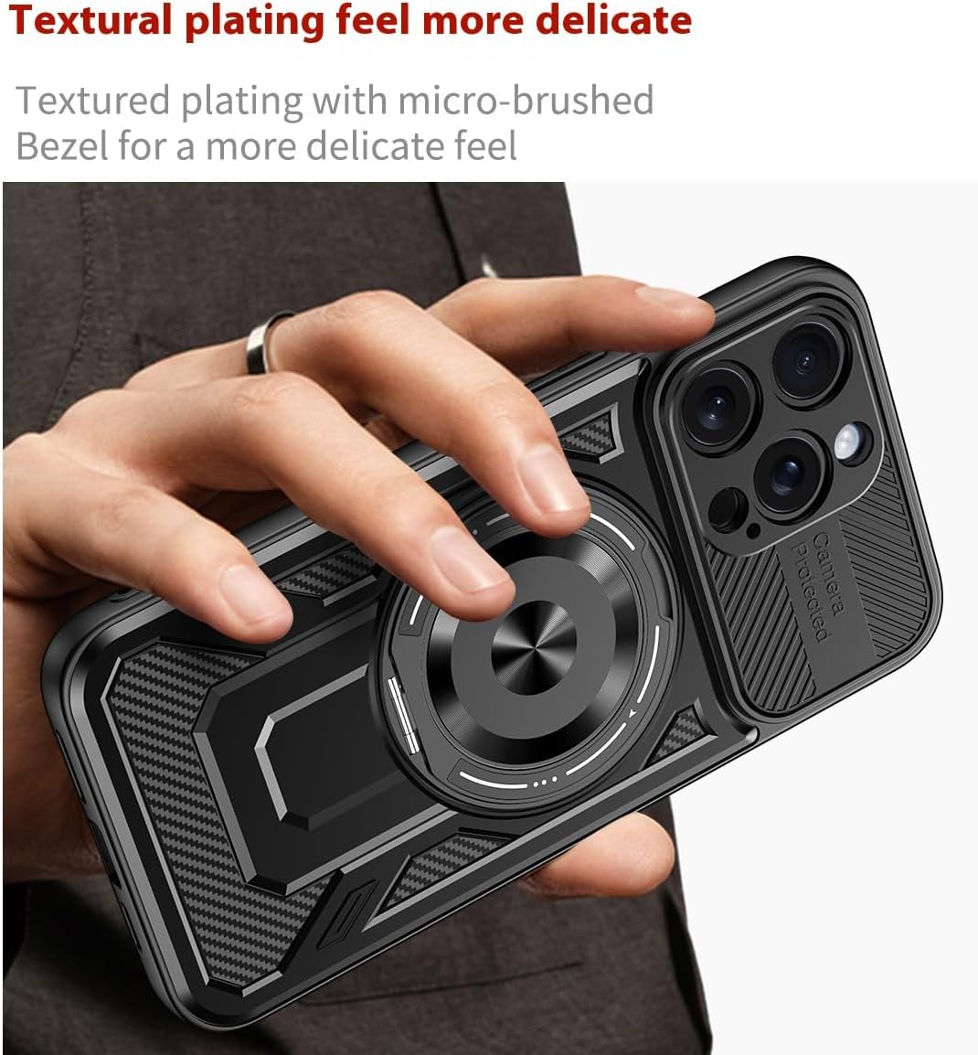 Hard Plated PC Armor Cover for iPhone 15 Pro max with 360° Rotating Metal Ring Strong Magnetic Car Mount Phone Case Support wireless charging Gray
