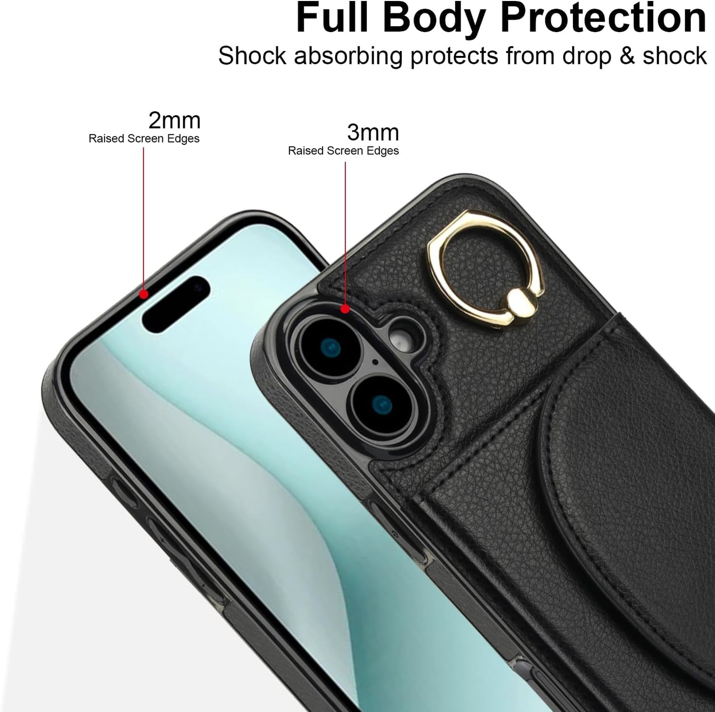 Tri-fold wallet case for iPhone 16 Plus, 360° rotating ring buckle stand, shockproof phone case coin purse card holder Black
