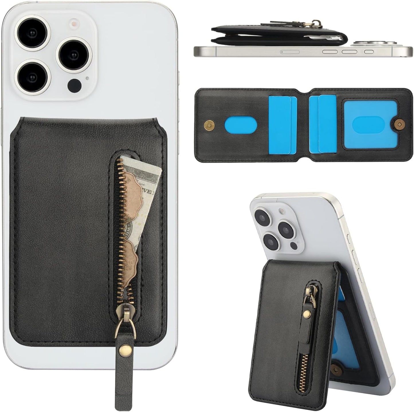 Magnetic card holder phone case suitable for iPhone 16 Pro, zipper magnetic split magnetic wallet with adjustable bracket Brown