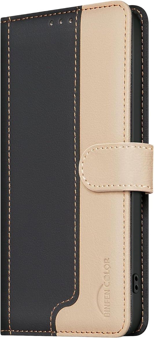 Colorblock Wallet Phone Case for iPhone 16E, Wallet Phone Case (RFID Anti-theft Swipe) Flip Stand, Credit Card Slot Wallet Black