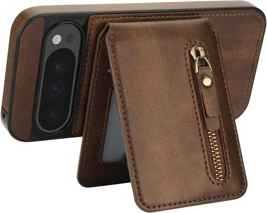 iTape Magnetic card holder phone case suitable for Google Pixel 9 Pro XL, zipper magnetic split magnetic wallet with adjustable bracket Brown