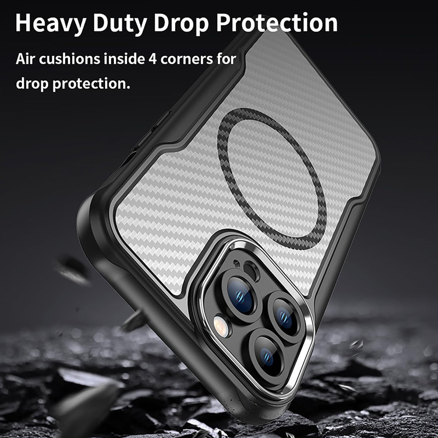 Magnetic carbon fibre case for iPhone 13 Pro max, support wireless charging, carbon fibre shockproof slim case Black