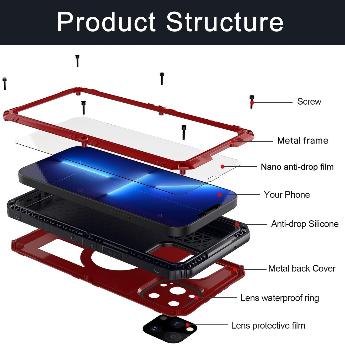 Case for iPhone 13 Pro max, 360° Waterproof IP68 Shockproof Hard Shell Metal Military Heavy Duty Rugged Protective Case for iPhone 13 Pro max Magnetic Wireless Charging Red