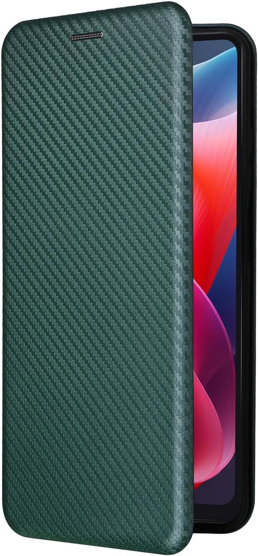 iTape Carbon fiber phone case for Motorola Moto G 04. Magnetic flip phone case, credit card slot, wallet case, shockproof and drop-proof Green